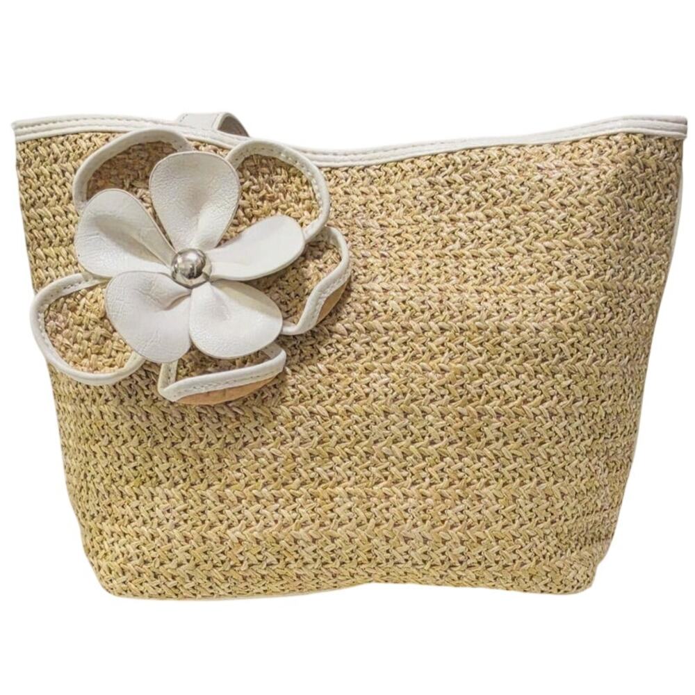 Bueno Vintage-Inspired Tan Straw Shoulder Bag Faux Leather Flower, Trim, & Strap